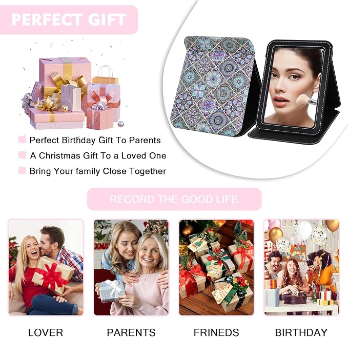 Large Folding Mirror Portable, Travel Foldable PU Adjustable Rectangular Ultrathin Vanity Mirror Rounded Corner with Multi Stand Angle, for Travel, Camping,Home 9x7 Inch