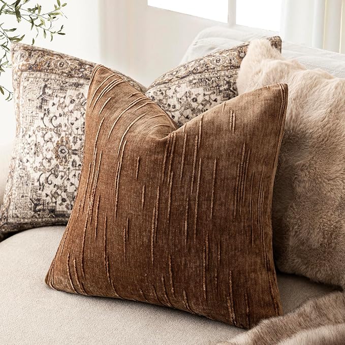 Foindtower Pack of 2 Slubby Textured Chenille Throw Decorative Pillow Covers Square Accent Solid Cushion Cover Neutral Farmhouse Pillow Case for Couch Sofa Bedroom Living Room 22x22 Inch,Dark Bronze