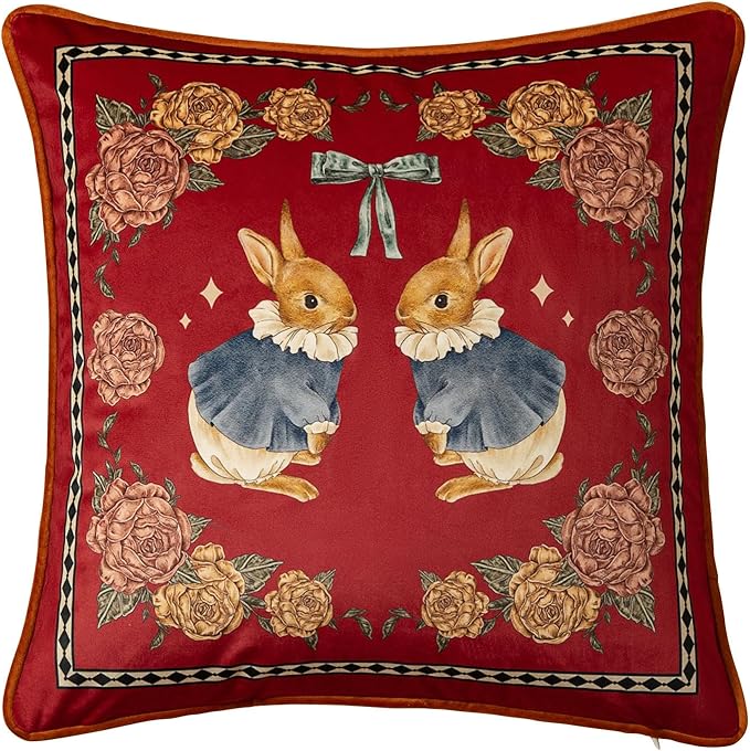 Vintage Christmas Pillow Cover 18x18, Floral Bunny | Designer High End Rabbit Pillow Cover, Red Velvet Throw Pillow Decorative for Couch Sofa Bedroom Home Holiday