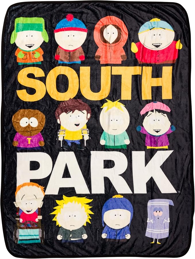 Silver Buffalo South Park Group, Fleece Throw Blanket, 45x60in | Kenny, Kyle, Stan, Eric Cartman, Tolkien, Jimmy, Butters, Wendy, Timmy, Tweek Tweak, Craig, Towelie, Soft and Cozy, 180 GSM