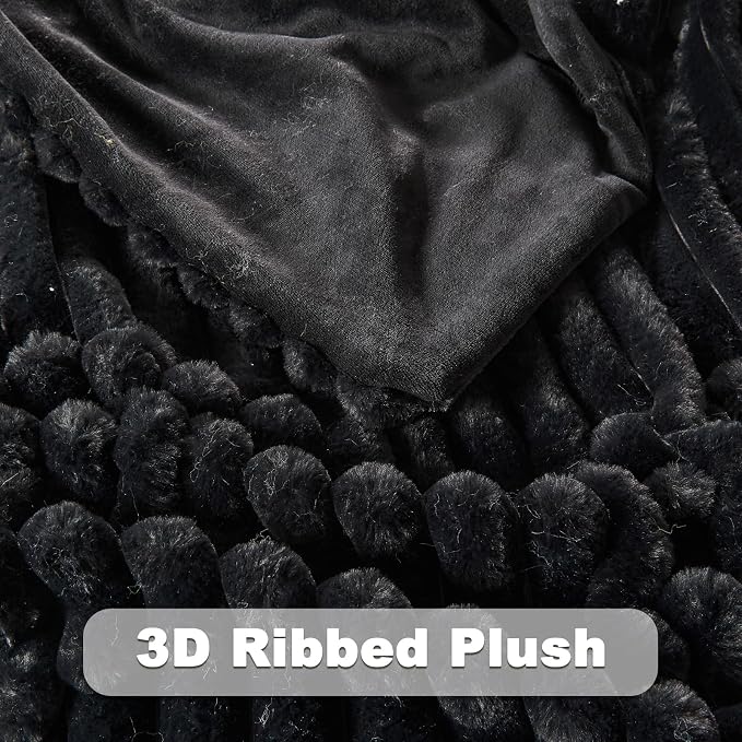 NEWCOSPLAY Faux Fur Ribbed Throw Blanket for Couch, Black, 50"x60" | Plush Soft Thick Warm Blanket for Couch Sofa Bed 850GSM, Fluffy Cozy Luxury Decorative Throw, Gift for Women Men