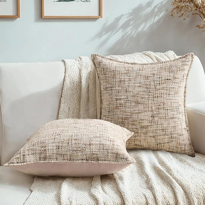 HAUSSY Pack of 2 Chenille Tweed Throw Pillow Covers 16x16 Inch, Beige Brown