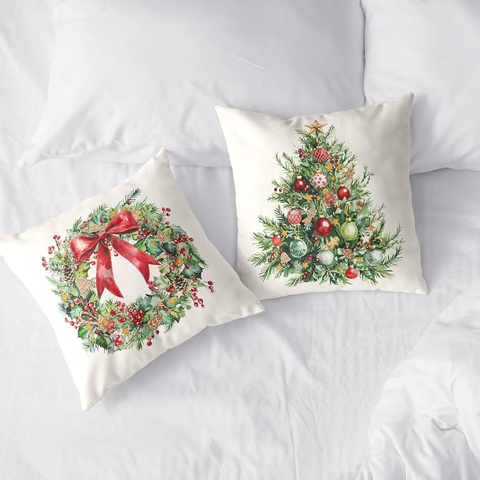 Set of 2 Christmas Tree Pillow Covers Xmas Wreath Throw Pillow Covers Red and Green Decorative Pillow Case 24x24 Winter Holiday Cushion Case for Home Decor Couch Sofa