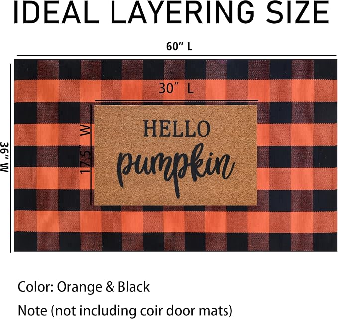 Orange and Black Plaid Rug, 3' x 5' Fall Outdoor Front Door Decor Mat, Cotton Washable Hand-Woven Rug for Layered Doormat, Autumn Halloween Thanksgiving Carpet for Porch, Entryway