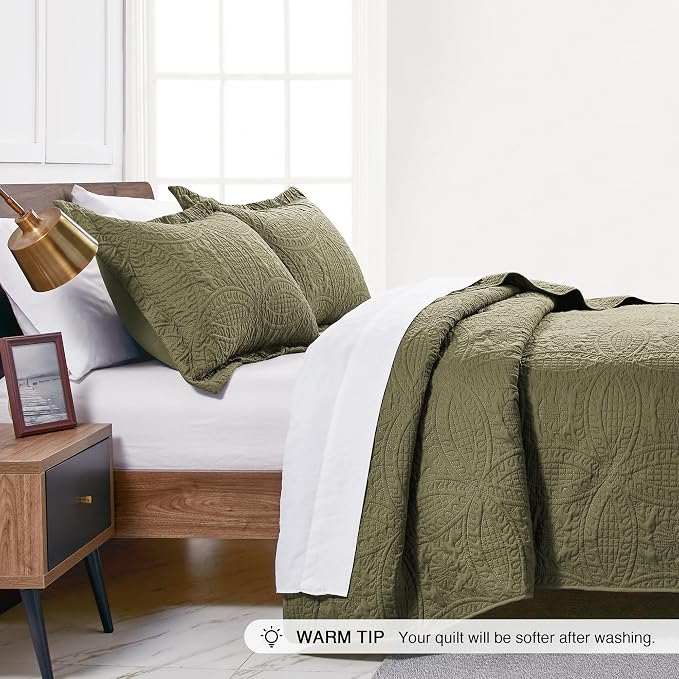 Love's cabin Quilts for Queen Bed Green Bedspreads Bedding Set - Summer Lightweight Bedspread Comforter - Coin Pattern Bedding Coverlet for All Season - 3 Pieces (1 Quilt, 2 Pillow Shams)