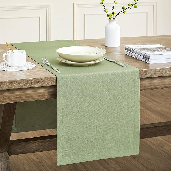 ZeeMart Basic Linen Style Table Runner, 14x48 Inch Sage Green | Mitered Corner Design, Medium Weight Fabric, Rustic Farmhouse Style, Machine Washable Easy Care Everyday Table Scarf