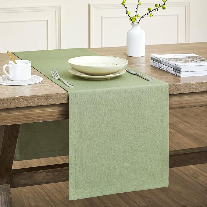ZeeMart Basic Linen Style Table Runner, 14x108 Inch Sage Green | Mitered Corner Design, Medium Weight Fabric, Rustic Farmhouse Style, Machine Washable Easy Care Everyday Table Scarf