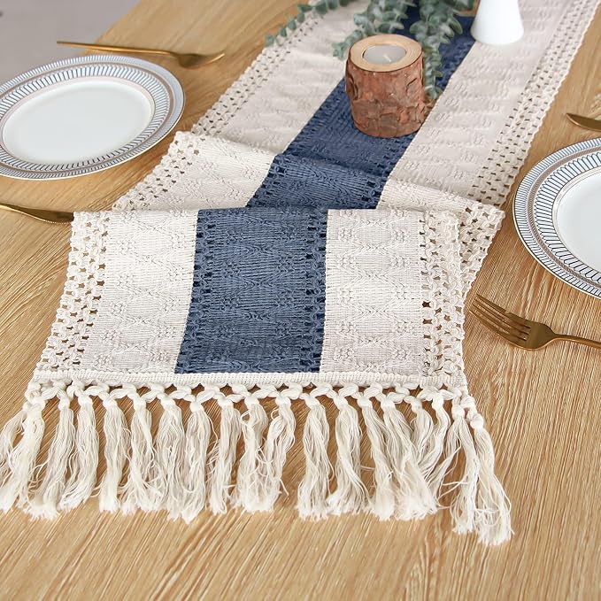 FEXIA Boho Table Runner for Home Decor 12x48 Blue Fall Rustic Decorations | 48 Inches Long with Tassels Macrame Farmhouse Style Party Rustic Wedding Baby Shower Dining Kitchen Living Room Decor