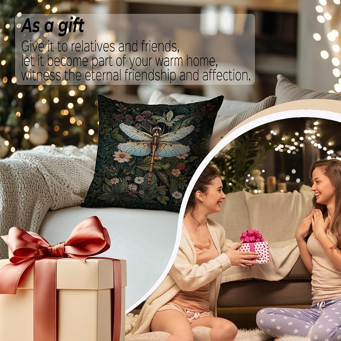 Moody Floral William Morris Dragonfly Pillow Covers 18x18, Dark Cottagecore Room Decor, Dark Academia Botanical Floral Throw Pillow Covers for Home Bedroom, Dragonfly Gifts for Women