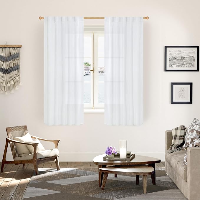 YoungsTex White Linen Curtains 63 Inch Length for Short Living Room Window, 38 Inches Wide Light Filtering Drapes Back Tab Rod Pocket for Bedroom, 2 Panels