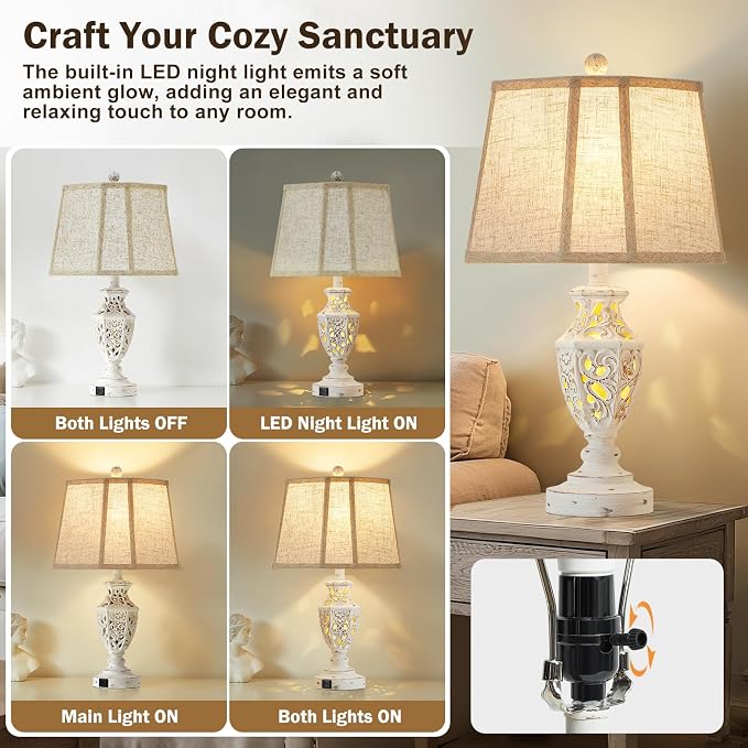 EJIAXIN Lamps for Night Stands Set of 2-23.5" Boho Bedside Lamp with USB A+C and Nightlight - Cream Rustic Carved Resin Farmhouse Table Lamp for Bedrooms, End Tables, Living Room, Bulbs Included
