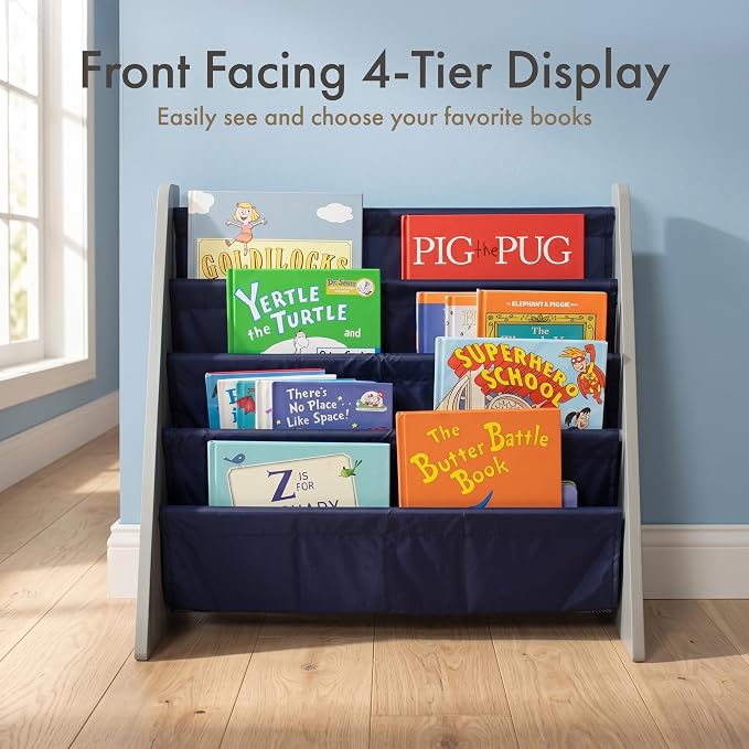 Humble Crew Kids Bookshelf, Montessori Front Facing Toddler Bookcase 4 Tier | Book display rack and reading nook organizer, nylon pockets show covers face out, compact for any playroom or bedroom space