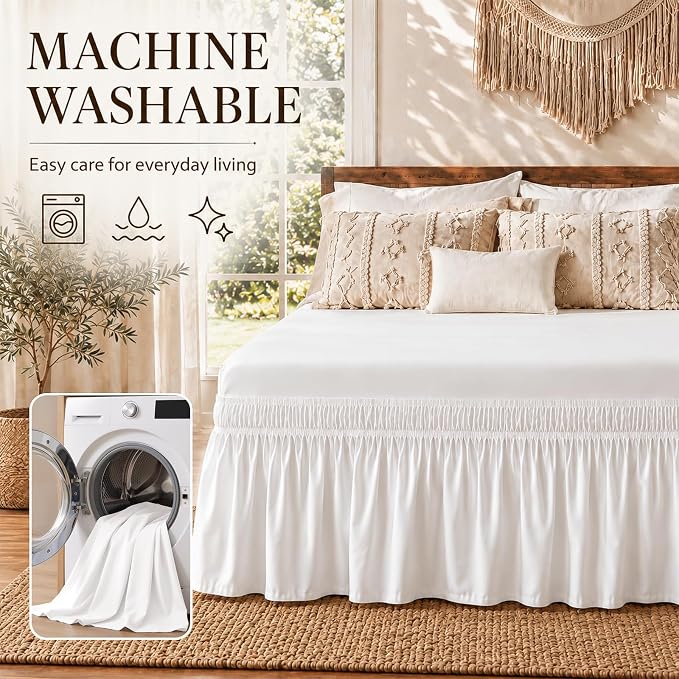 Vocander White Queen Bed Skirt 16 Inch Drop, Elastic Wrap Dust Ruffle | Hides Underbed Storage, No Mattress Lifting, Elastic Stays Put, Soft Fabric, Machine Washable, Polished Look