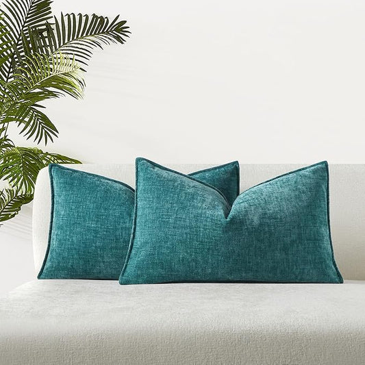 JUSPURBET Turquoise Chenille Lumbar Throw Pillow Covers 16x24 inch Set of 2 Decorative Soft Textured Cushion Cases for Living Room Sofa Couch Bed Solid Home Decor Broadside Pillowcases