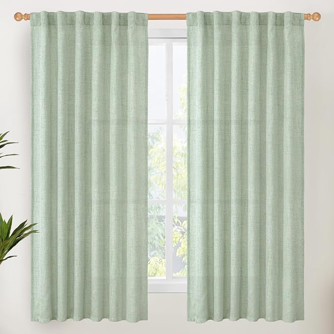 YoungsTex Sage Green Linen Curtains 63 Inch Length for Living Room Windows, Light Filtering Drapes Semi Sheer with Back Tab Rod Pocket for Bedroom, 52 X 63 Inch, 2 Panels