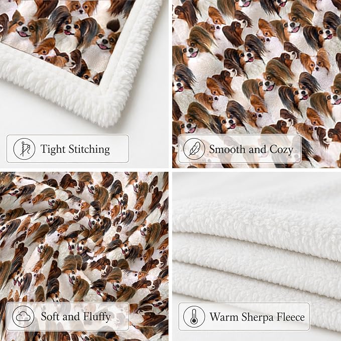 BlessLiving Throw Blanket, Brown Dog Animal Gift, 50x60 in | sherpa fleece fabric, Papillon Dense Pet Blankets Puppy Lovers print, for couch or sofa, pet lovers, easy machine care