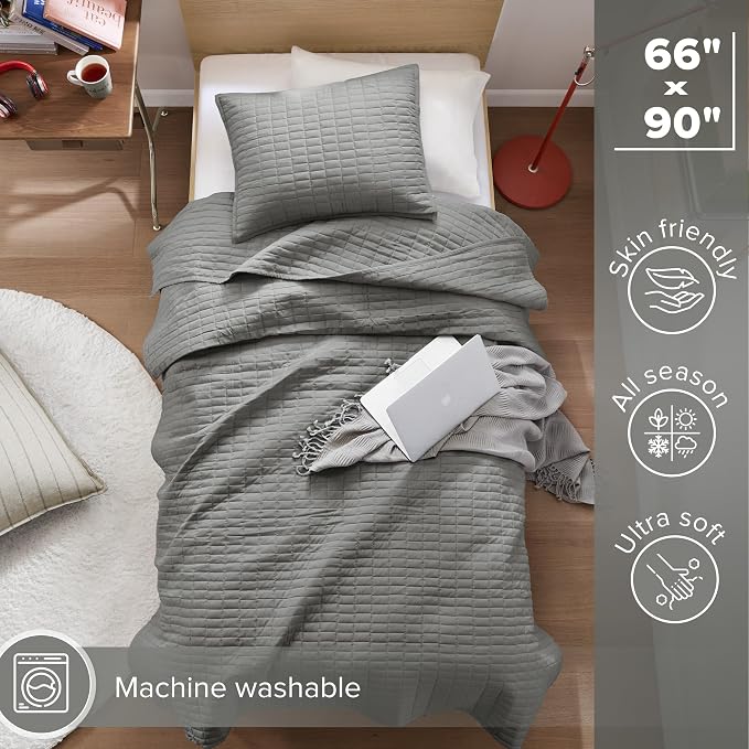 Comfort Spaces Kienna Twin Quilt Bedding Set 2 Piece, 66"x 90" Charcoal | Soft Cozy Lightweight Summer Twin XL Coverlet for College Dorm, Quilted Extra Layer, Modern Casual Bedroom Decor, OEKO-TEX