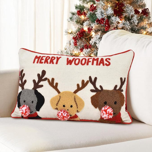 Merry Woofmas Christmas Pillow Covers 12x20, Cute Dog Embroidered Throw Pillowcases Christmas Decorations Holiday Pillows for Home Couch,Linen/red