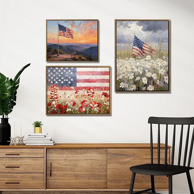 American Flag Framed Canvas Wall Art, 4th of July Patriotic Canvas Prints | Wildflower Meadow Landscape Poster Print, Vintage Rustic Independence Day Wall Decor for Bedroom Living Room 6×8in