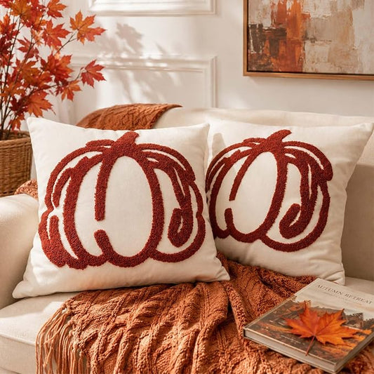 ONFAON Embroidered Fall Pumpkin Pillow Covers 18x18 Inch Set of 2 | Autumn Decor Throw Pillow Cover, Halloween Farmhouse Home Decor Throw Cushion Cases for Living Room Couch Sofa Bed