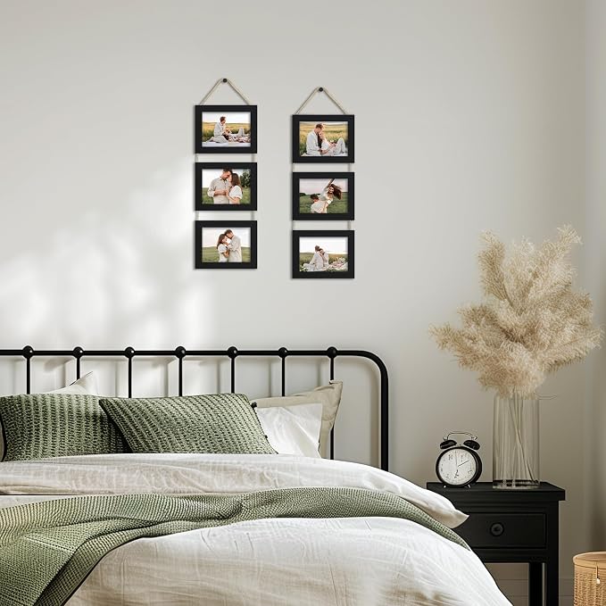 4x6 Collage Picture Frames Set of 2, Rustic Wooden Real Glass Horizontal Hanging 3 Opening 4 by 6 Photo Frame, Black