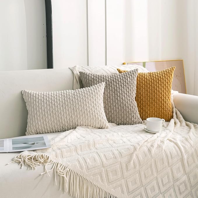 Set of 4 Grey White Taupe Decorative Throw Pillow Covers 24x24 Inch Corduroy Pillow Covers for Bed Couch Sofa Living Room Soft Square Cushion Cases