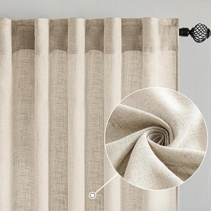 MIULEE Beige Linen Curtains 52x108 Inches 2 Panels for Bedroom Living Room | Long, Soft Linen Textured Window Drapes, Semi Sheer Light Filtering, Back Tab Rod Pocket, Farmhouse Modern Burlap Look Decor