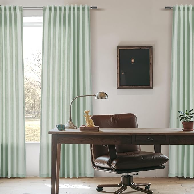 Extra Long Linen Curtains 102 Inches for Living Room Back Tab Semi Sheer Floor to Ceiling Light Filtering Curtain Boho Farmhouse Decor Window Drapes for Bedroom 2 Panels Aqua Green