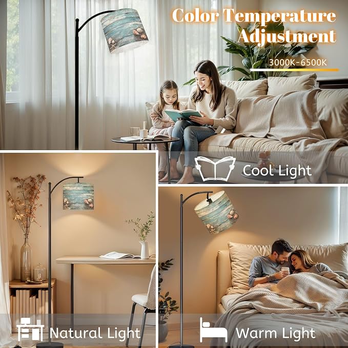 Arc Floor Lamp Starfish Shell Teal Beach Nature Seashells Fishing Net Weathered Wood Dimmable Modern Standing Lamp with Remote Adjustable Drum Shade Footswitch Tall Pole Lamp for Living Room Bedroom