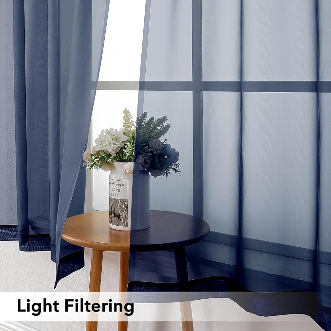 Simplebrand Navy Short Sheer Curtains 45 Inch Length for Small Windows, Rod Pocket 2 Panels Set Solid Voile Drapes Window Sheer Curtains for Bedroom Bathroom Kids Room Kitchen, 42x45 Inch, Navy