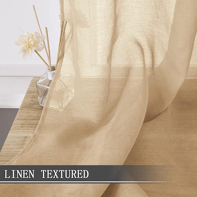Tollpiz Sheer Curtains Linen Textured Living Room Curtain Sheers Light Filtering Rod Pocket Voile Curtains for Bedroom, 42 x 63 inches Long, Beige, Set of 2 Panels