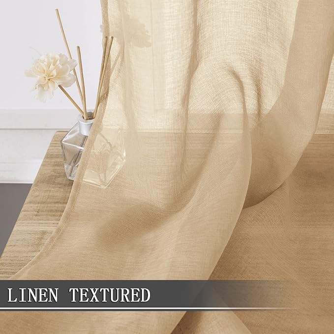 Tollpiz Short Sheer Curtains Linen Textured Living Room Curtain Sheers Light Filtering Rod Pocket Voile Curtains for Bedroom, 42 x 45 inches Long, Beige, Set of 2 Panels