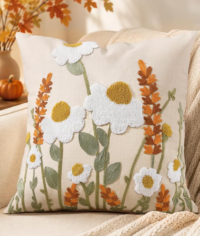 Wildflower Embroidered Throw Pillow Cover 18x18 Inch Fall Floral
