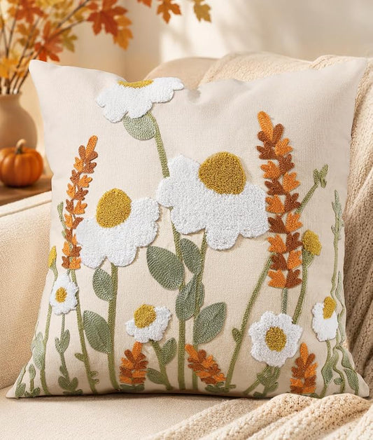 Wildflower Embroidered Throw Pillow Cover 18x18 Inch Fall Floral