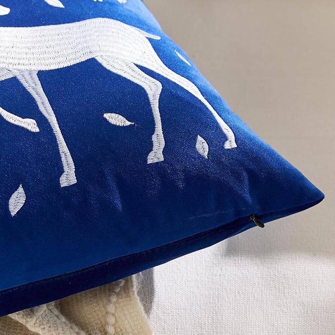 KINDREX Christmas Deer Snowflake Throw Pillow Covers 18x18 Set of 2 Winter Holiday Decorative Navy Blue Embroidered Luxurious Soft Velvet Accent Pillowcase for Sofa Couch Bed Living Room Home Decor