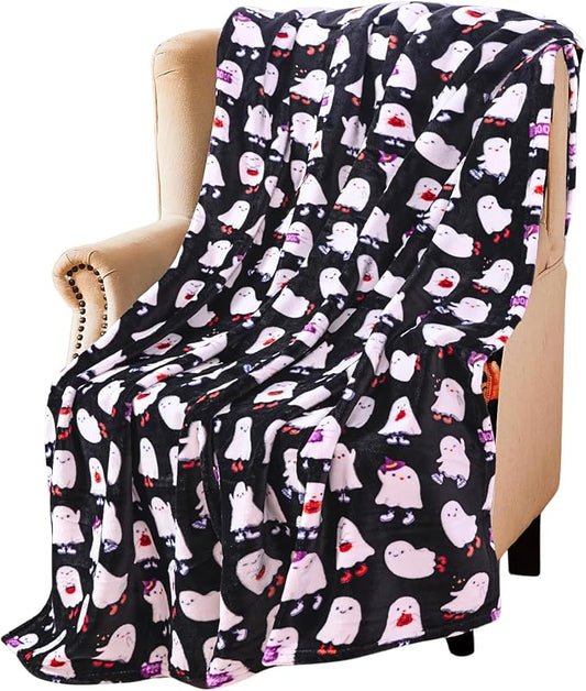 Halloween Ghost Fleece Throw Blanket, Cute Ghosts on Black, 50x70 in | Ultra-soft cozy flannel fleece, for sofa couch bed chair & dorms, spooky Halloween décor, durable and machine washable.