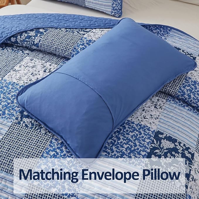Mybedsoul Blue Quilt Set Full Size, Patchwork Floral Bedding Set | Soft Lightweight Microfiber Coverlet Set, 3 Pieces Plaid Reversible Bedspread, Bed Sets for All Seasons 78"x90"