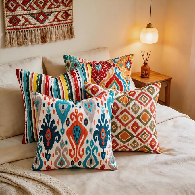 Boho Throw Pillow Covers 18x18 Set of 4 Colorful Ikat Geometric Decorative Cushion Covers with Hidden Zipper Soft Polyester Double Sided Print Machine Washable, No Inserts
