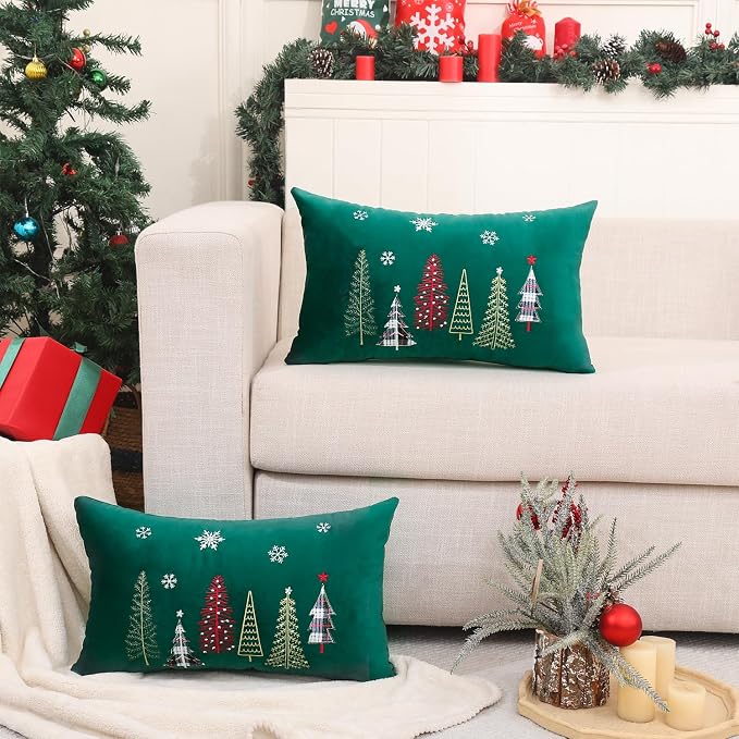 Christmas Embroidery Throw Pillow Covers 12 x 20 inch Set of 2 Christmas Dec Velvet Pillowcases Forest Green Xmas Trees Cushion Pillow Cases Soft Lumbar Holiday Pillowcase