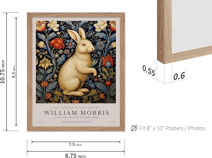Poster Master William Morris Poster - White Rabbit Print - Flower Art - Animal Illustration - Floral Illustration - Bunny Illustration - Great Office or Bedroom Decor - 8x10 Beige Framed
