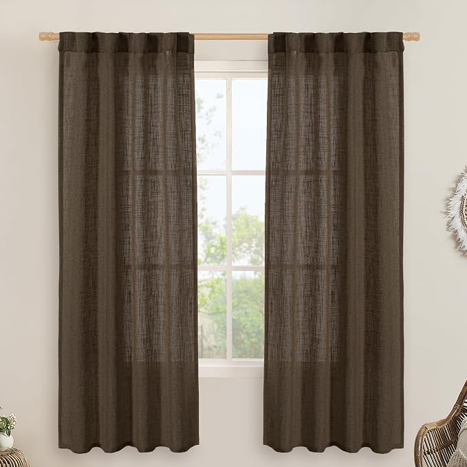 Dark Brown Linen Curtains for Bedroom, 2 Panels, 34 x 72 Inch | 72 Inch Length Light Filtering, Semi Sheer Panels, Neutral Drapes for Living Room, Window Treatment, Rod Pocket Back Tab