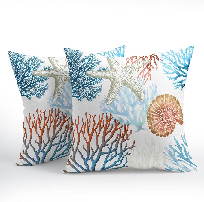 Kawani Coastal Pillow Covers 20x20 Inch Beach Theme Starfish Coral Seashell Outdoor Decorative Throw Pillows Set of 2 Nautical Ocean Blue Pillowcases for Couch Home Decor