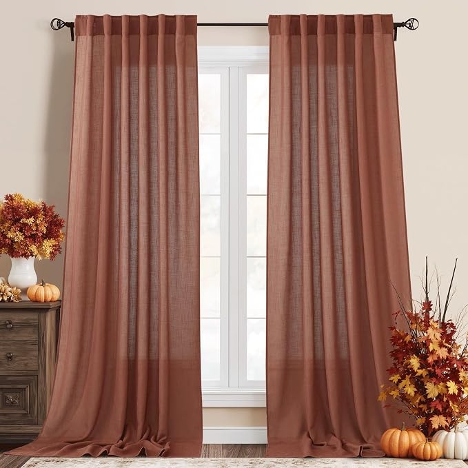 RYB HOME Sheer Curtains 102 inches, Extra Long Floor to Ceiling Curtains | Half Privacy, Light Filtering, Semi Sheer, Faux Linen Fabric, Living Room Bedroom, Back Tab, W52 x L102, 2 Panels, Terracotta