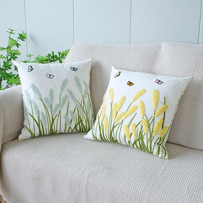vctops Farmhouse Pampas Grass Cotton Tufted Throw Pillow Cover Boho Embroidery Pillowcase Soft Square Cushion Case for Sofa Couch Bed Chair (Yellow G,18"x18")