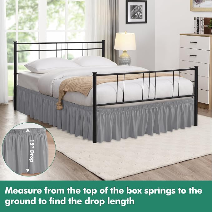 Wrap Around Bed Skirt Split Corners Twin & Twin XL-Dorm Elastic Dust Ruffle | Silver Grey 15" Drop-Adjustable Pleated Bedskirt-Easy Fit Wrinkle Resistant Washable-College Apartment Guest Bedroom Canopy