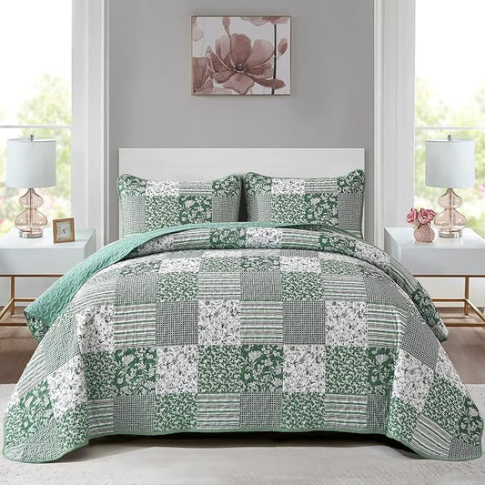 Mybedsoul Boho Quilts Queen Size, Patchwork Reversible Bedding Set, Green | Soft Lightweight Microfiber Coverlet Set, 3 Pieces Plaid Reversible Bedspread, Bed Sets for All Seasons 90"x96"