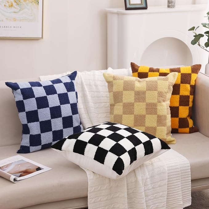 Alysheer Checkered Embroidered Throw Pillow Covers 18"x 18" 2pc Navy Blue