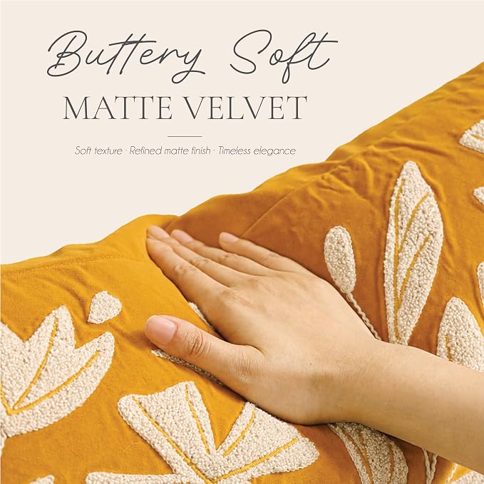 BlissBlush Throw Pillow Cover 20x20 Inch, Mustard Floral Tufted Velvet Decorative Accent Pillow Case for Sofa Bed Living Room, Cover Only