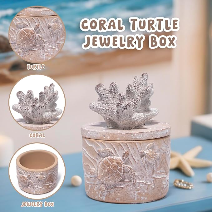 Hodao Ocean Crafts Sea Turtle & Octopus Resin Jewelry Box with Coral Lid - Handmade Organizer for Rings Earrings Necklaces, Blue/White, Ocean-Themed Storage Case Decor Gifts For Women (White-Turtle)