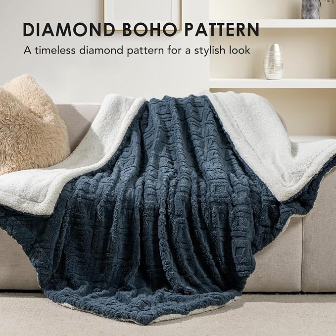 EverGrace Jacquard Reversible Sherpa Throw Blanket, 50" x 60", Stormy Blue | Jacquard Sherpa Throw Blanket, Super Soft, Cozy Plush Blanket, Reversible Thick Warm Throw for Bed, Sofa, Living Room